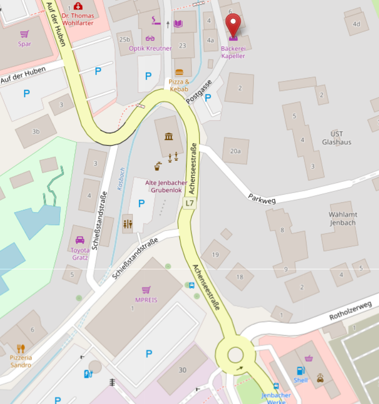 Detaillierte OpenStreetMap-Karte der Anfahrt zur Bäckerei Kapeller in Jenbach